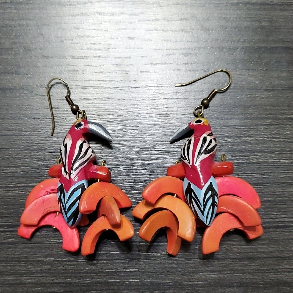 Vintage Multicolor Parrot Earrings Tropical Island Birds Artsy Artisan Wood Fun